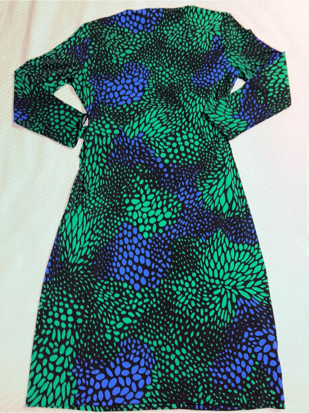 Anne Klein Vivid Blue, Green, & Black Printed Faux Wrap Long Sleeve Mini Dress - Picture 6 of 7